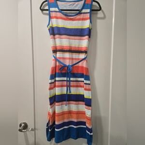 T by Talbots Striped Midi Dress Tie Waist Sleeveless Side Slits Blue Orange